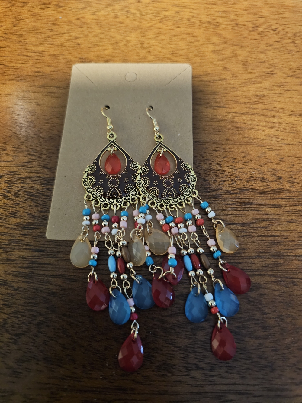 Gold Filigree Teardrop Chandelier Earrings with Red & Turquoise Beads